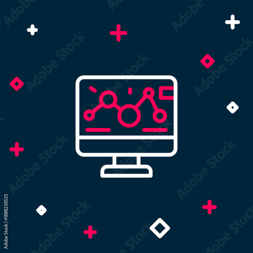 Line Genetic engineering modification on laptop icon isolated on blue background. DNA analysis, genetics testing, cloning. Colorful outline concept. Vector