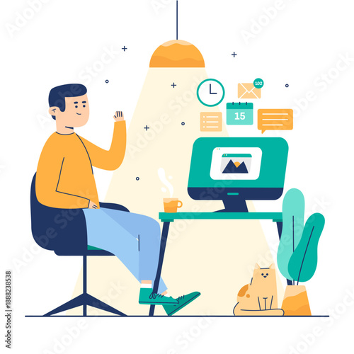 Man working at home on a computer with a cat nearby, in a brightly lit room with plants, illustration.