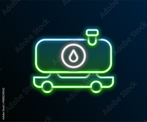 Glowing neon line Fuel tanker truck icon isolated on black background. Gasoline tanker. Colorful outline concept. Vector