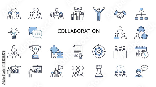 Collection of business collaboration icons representing teamwork achievement idea communication and project success