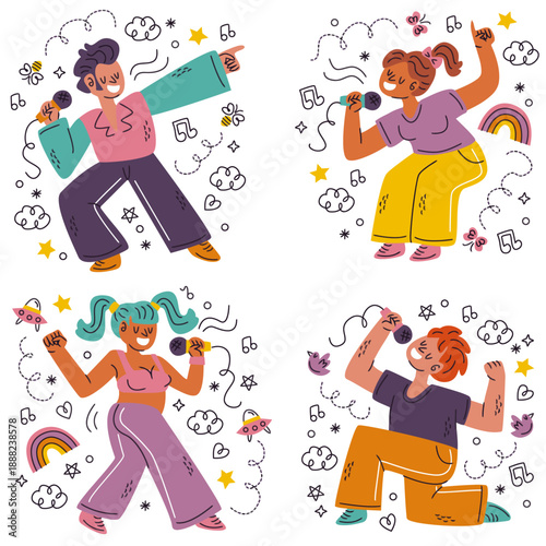 Four diverse people singing karaoke with microphones, surrounded by musical notes, rainbows, and stars, fun and lively illustration.