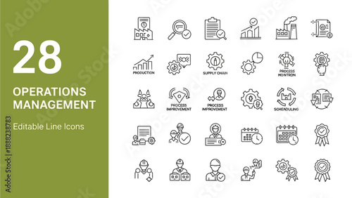 Collection of twenty eight editable line icons representing various essential concepts in modern operations management