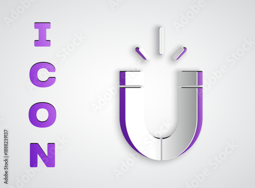 Paper cut Magnet icon isolated on grey background. Horseshoe magnet, magnetism, magnetize, attraction. Paper art style. Vector