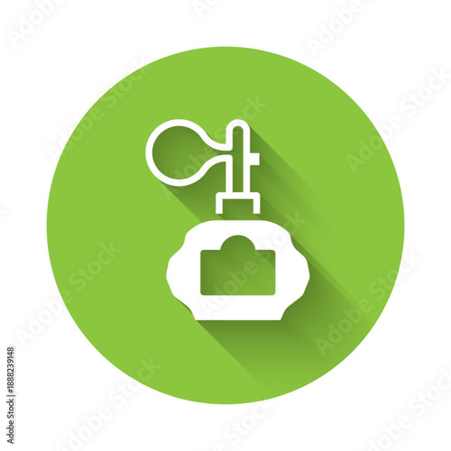 White Aftershave bottle with atomizer icon isolated with long shadow. Cologne spray icon. Male perfume bottle. Green circle button. Vector