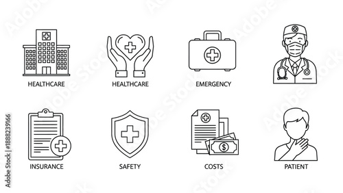 Collection of eight essential black and white line icons representing various medical and healthcare concepts clearly outlined.