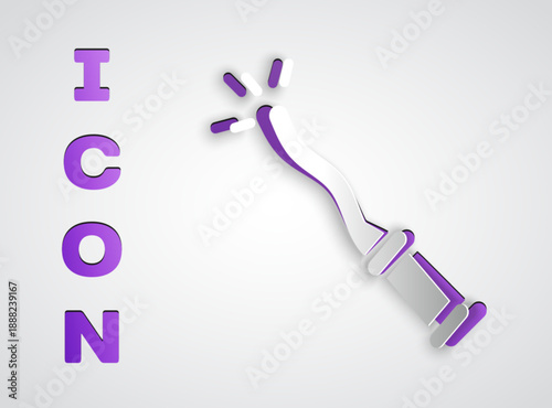 Paper cut Magic wand icon isolated on grey background. Star shape magic accessory. Magical power. Happy Halloween party. Paper art style. Vector