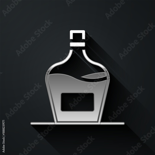 Silver Old bottle of wine icon isolated on black background. Bottle of homemade wine. Long shadow style. Vector