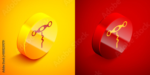 Isometric Wine corkscrew icon isolated on orange and red background. Circle button. Vector