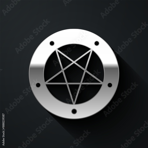 Silver Pentagram in a circle icon isolated on black background. Magic occult star symbol. Long shadow style. Vector