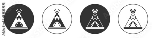 Black Traditional indian teepee or wigwam icon isolated on white background. Indian tent. Circle button. Vector