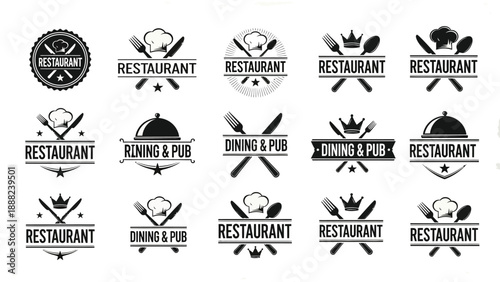 Collection of vintage black and white restaurant and dining pub logo emblems for branding identity