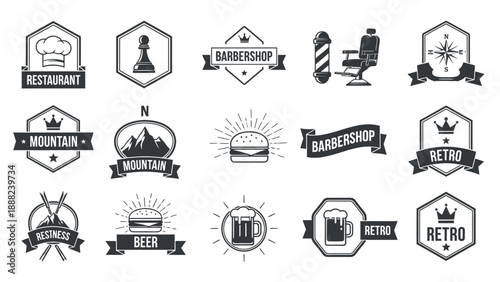 Collection of vintage black and white badges and emblems for various businesses like restaurants and barbershops