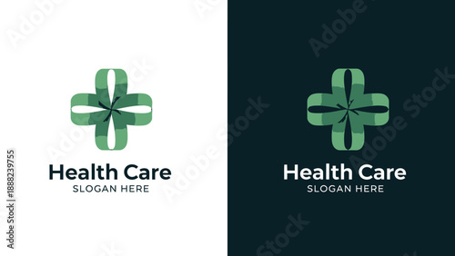 Abstract green cross logo design for medical and healthcare services presentation mockups