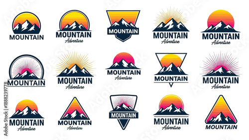 Collection of stylized mountain and sun logo designs perfect for outdoor adventure brands
