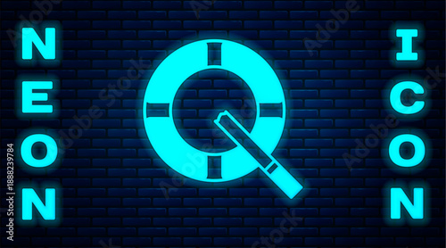 Glowing neon Ashtray with cigarette icon isolated on brick wall background. Vector