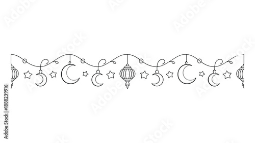 Celestial garland with moons and stars isolated on white background, Vector
