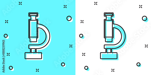 Black line Microscope icon isolated on green and white background. Chemistry, pharmaceutical instrument, microbiology magnifying tool. Random dynamic shapes. Vector