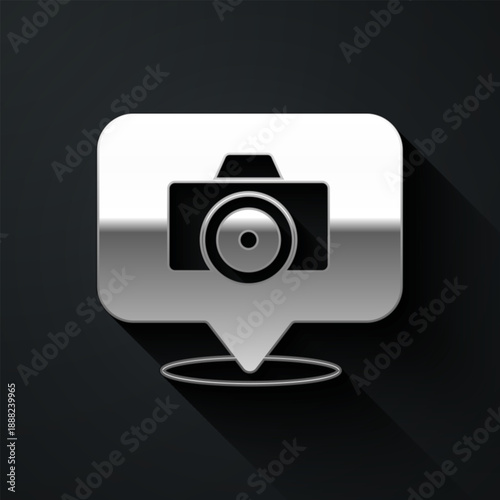 Silver Photo camera icon isolated on black background. Foto camera. Digital photography. Long shadow style. Vector