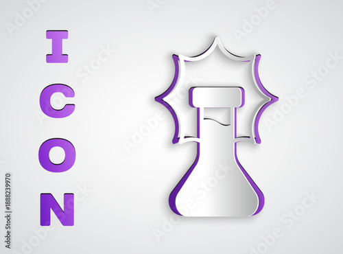 Paper cut Chemical experiment, explosion in the flask icon isolated on grey background. Chemical explosion in a test tube. Paper art style. Vector