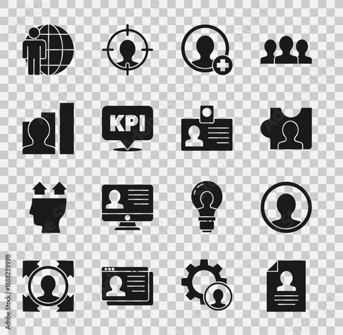 Set Resume, Create account screen, Head hunting, Key performance indicator, Productive human, and Identification badge icon. Vector