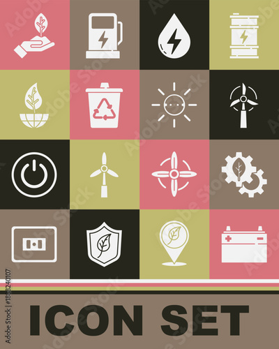 Set Car battery, Leaf plant in gear machine, Wind turbine, Water energy, Recycle with recycle, Earth globe and leaf, Plant hand and Solar panel icon. Vector