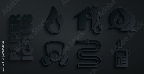 Set Fire hose reel, Telephone call 911, Gas mask, Walkie talkie, in burning house and flame icon. Vector