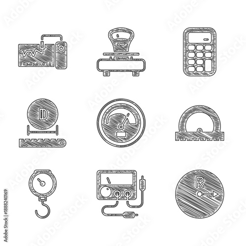 Set Speedometer, Multimeter, voltmeter, Radius, Protractor, Hand scale spring mechanical, Diameter, Calculator and Measuring instrument icon. Vector