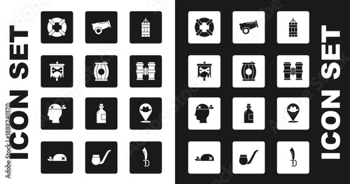 Set Dynamite bomb, Gun powder barrel, Pirate flag, Lifebuoy, Binoculars, Cannon, Location pirate and captain icon. Vector