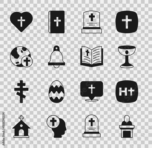Set Church pastor preaching, Christian cross, chalice, Grave with tombstone, bell, globe, heart and Holy bible book icon. Vector