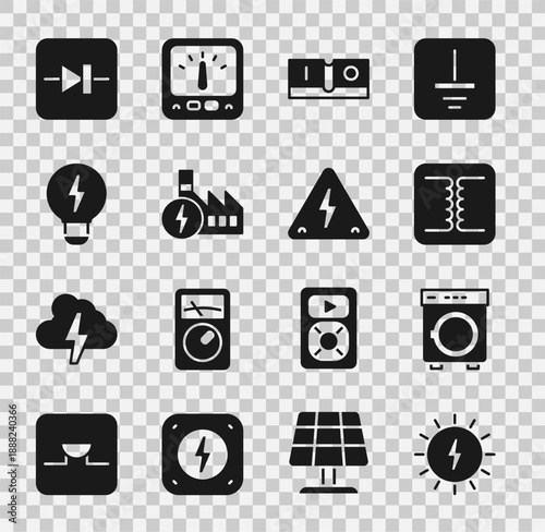 Set Solar energy panel, Washer, Electrical transformer, light switch, Nuclear power plant, Creative lamp idea, Diode in electronic circuit and High voltage icon. Vector