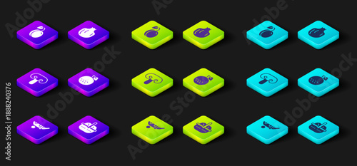 Set Peas, Basket and food, Mushroom, Orange fruit, Pomegranate and Plum icon. Vector