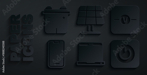 Set Laptop, Voltmeter, Mobile phone, Power button, Solar energy panel and Car battery icon. Vector