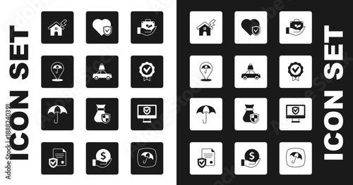 Set Travel suitcase in hand, Car insurance, Umbrella, House lightning, Approved check mark, Life with shield, Insurance online and icon. Vector