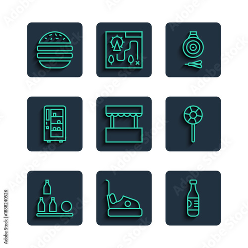 Set line Bottles ball, Bumper car, of water, Classic dart board and arrow, Ticket box office, Vending machine, Burger and Lollipop icon. Vector