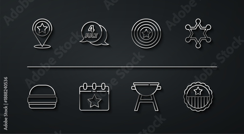 Set line USA Independence day, Burger, Hexagram sheriff, Barbecue grill, Calendar with date July 4, Medal star and American shield icon. Vector