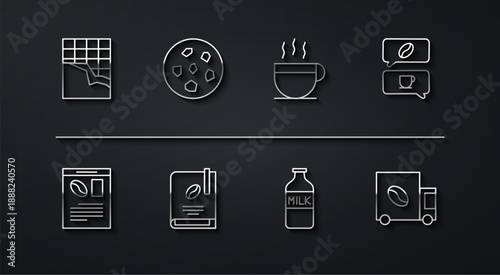 Set line Chocolate bar, Newspaper and coffee, Coffee conversation, Bottle with milk, book, Cookie or biscuit, street truck machine and cup icon. Vector