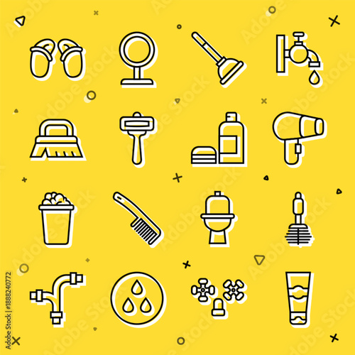 Set line Tube of toothpaste, Toilet brush, Hair dryer, Rubber plunger, Shaving razor, Brush for cleaning, Flip flops and Bottle shampoo icon. Vector