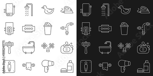 Set line Bottle of shampoo, Bar soap, Industry metallic pipe, Rubber duck, Blade razor, Gas boiler, Electric and Bucket with suds icon. Vector