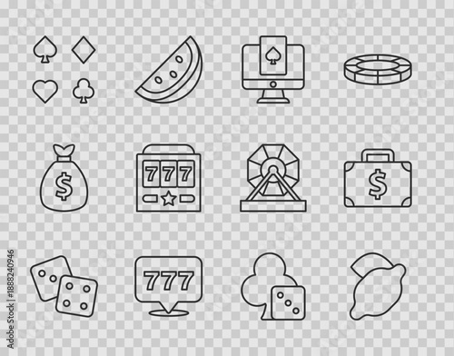 Set line Game dice, Casino slot machine with lemon, Online poker table game, Slot jackpot, Deck of playing cards, and Briefcase and money icon. Vector