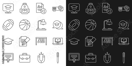 Set line Pen, Online class, Graduation cap speech bubble, Exam sheet with A plus grade, Basketball ball, American Football, and Table lamp icon. Vector