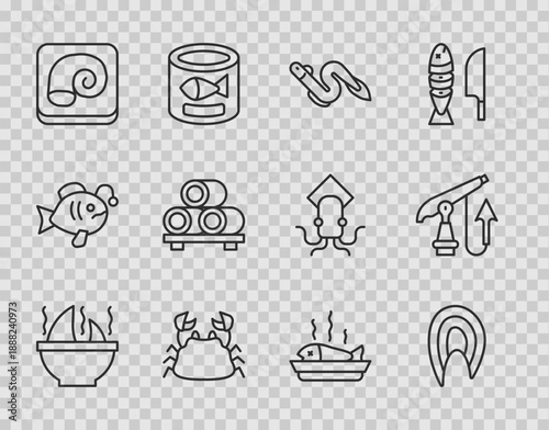 Set line Shark fin soup, Fish steak, Eel fish, Crab, Octopus on plate, Sushi cutting board, Served and Fishing harpoon icon. Vector