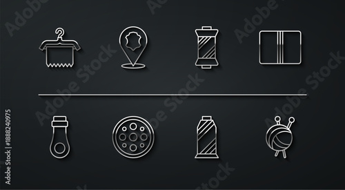 Set line Hanger wardrobe, Zipper, Textile fabric roll, Sewing thread on spool, button, Leather, Yarn ball with knitting needles and icon. Vector