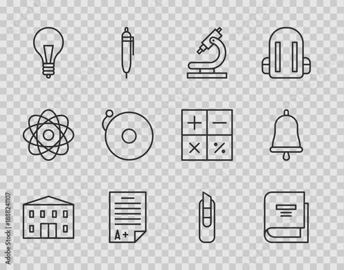 Set line School building, Book, Microscope, Exam sheet with A plus grade, Light bulb concept of idea, Ringing alarm bell, Stationery knife and icon. Vector