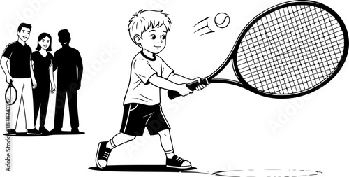 A junior tennis player (child) with an oversized racket, hitting a ball, family sport theme.
