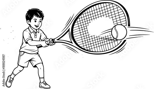 A junior tennis player (child) with an oversized racket, hitting a ball, family sport theme.
