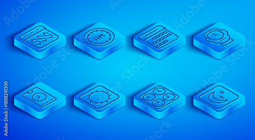 Set line Payday, calendar with dollar, Morning time, Calendar, Sun, Time zone clocks, Clock, Alarm app mobile and Moon and stars icon. Vector