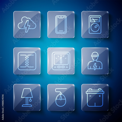 Set line Table lamp, Computer mouse, Car battery, Ampere meter, multimeter, Electrical transformer, Cloud and lightning and Electrician icon. Vector