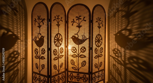 Rattan Room Divider Folding Screen Decor Silhouette
