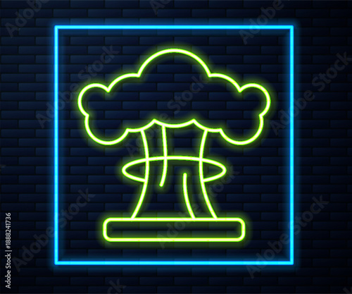 Glowing neon line Nuclear explosion icon isolated on brick wall background. Atomic bomb. Symbol of nuclear war, end of world. Vector