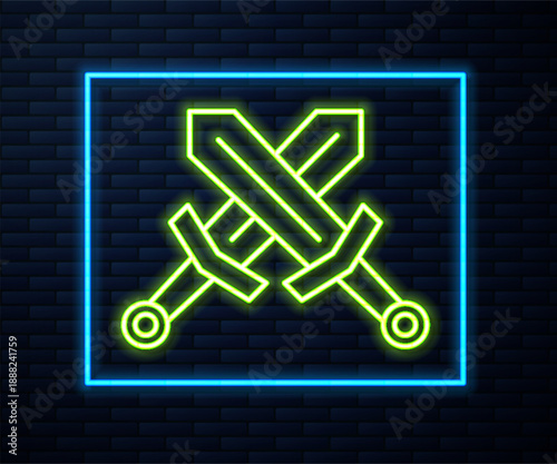 Glowing neon line Crossed medieval sword icon isolated on brick wall background. Medieval weapon. Vector